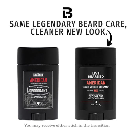 Live Bearded Men's Deodorant - Long Lasting, Aluminum Free, All Natural, Activated Charcoal Deodorant for Men, Travel Size - American, 1 Stick