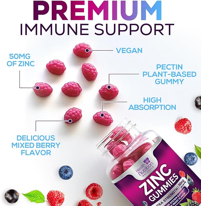Zinc Supplement 50mg Gummies for Adults - Max Strength Skin Health & Immune Support Gummy, Vegan, Non-GMO & Gluten Free, Nature’s Antioxidant & Bone Health Chewable Tasty Berry Flavor - 120 Gummies