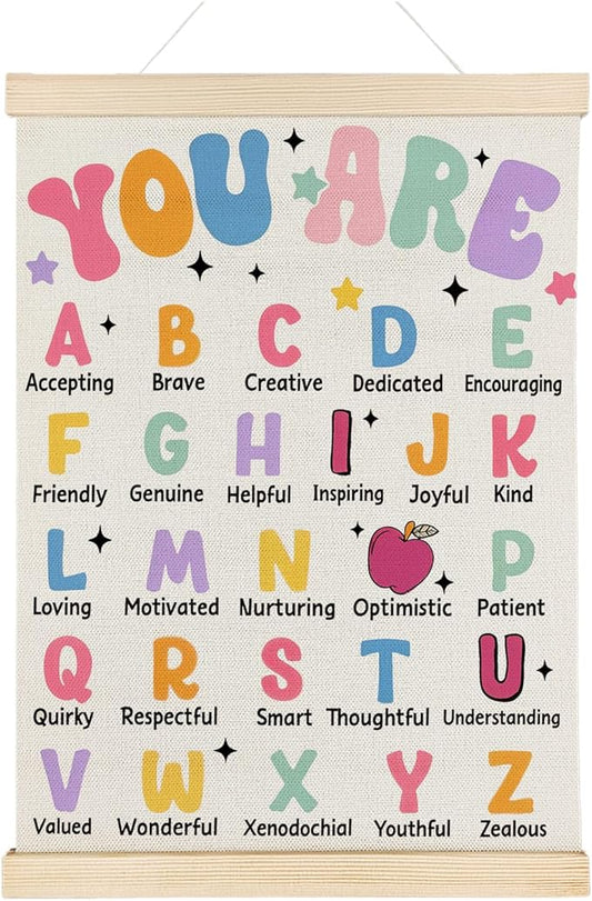 Nrleey inspirational Alphabet Wall Decor - ABC Educational Wall Art With Wooden Poster Hanger, Alphabet Wall Art Decor for Classroom Nursery Kids Room Playroom, 12x16 Inch