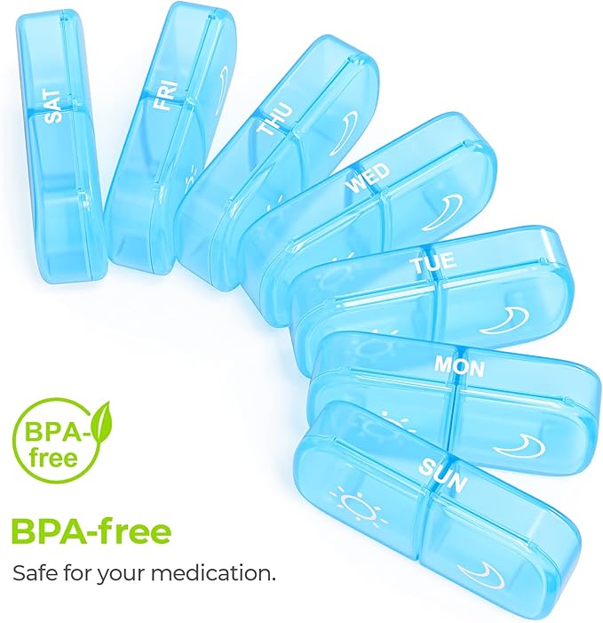 AUVON XL Weekly Pill Organizer 2 Times a Day, Pill Box 7 Day with One-Side Large Openings for Easy to Use, Blue AM PM Pill Case for Medication, Vitamins, Fish Oils, Supplements