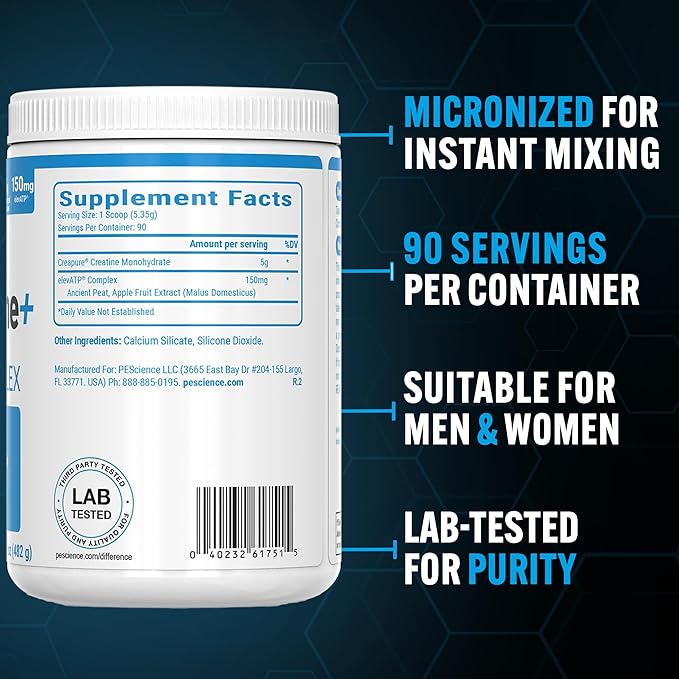 PEScience TruCreatine+ Creatine Monohydrate Powder, Micronized Creapure Creatine for Women & Men, Supports Muscle Growth, Strength & Recovery, Cognition, 90 Servings, Unflavored