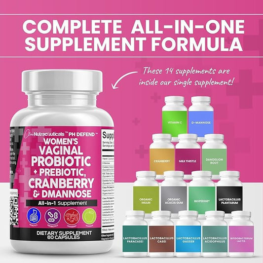 Clean Nutraceuticals Vaginal Probiotics for Women + Prebiotics 20 Billion Cranberry Pills w D-Mannose 500 mg for Urinary Tract Health pH Balance - for Vaginal Health Supplements Pills - 3Pack