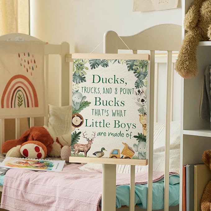 Nrleey Boy Nursery Wall Decor with Wooden Poster Hanger - Little Boy Room Decor, Woodland Baby Animal Truck Wall Art Posters for Nursery Bedroom Playroom, 12x16 Inch