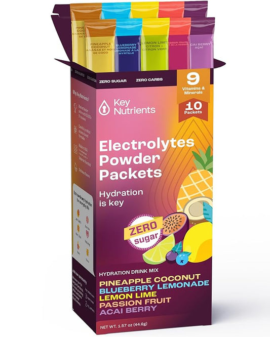 KEY NUTRIENTS Hydration Packets - 5 Delicious Flavors in Electrolytes Powder Packets No Sugar 10 Pack - No Calories, Gluten Free Electrolytes Powder Packets, Non GMO, Made in USA