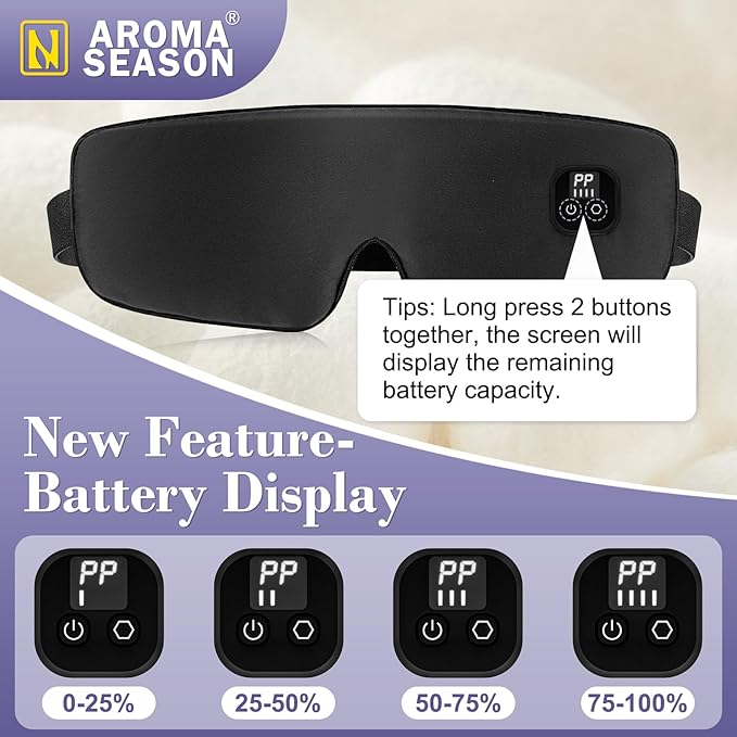 Aroma Season Silk Heated Eye Mask Cordless, 1500mAh Warm Eye Compress for Dry Eyes, Blepharitis, 4 Time Levels and 4 Temperature Settings, Washable (Black)