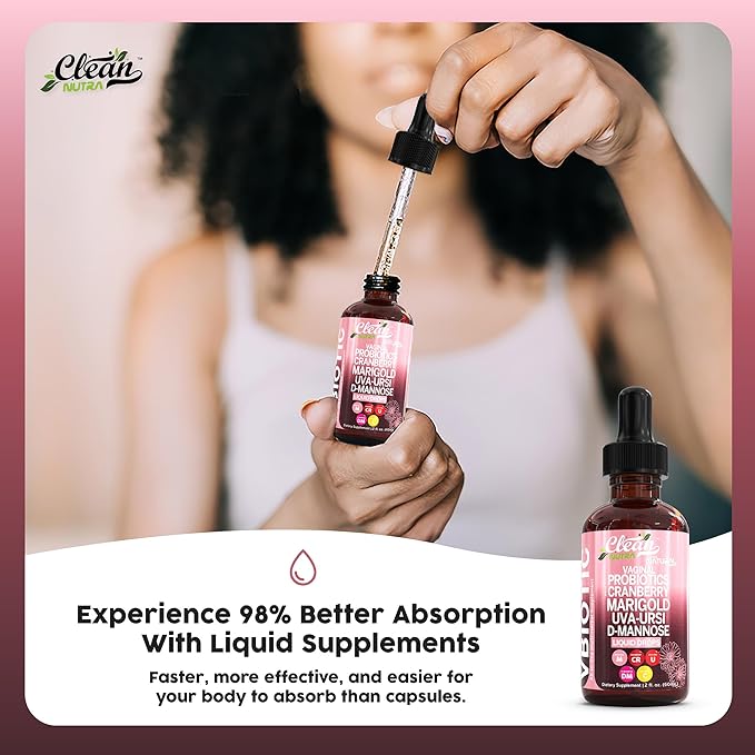 VBiotic Vaginal Probiotic for Women Liquid Drops | Womens Probiotics | Cranberry Uva Ursi Horsetail D-Mannose Prebiotics Marigold & Black Cohosh Vaginal Health Supplement | pH Balance | By Clean Nutra