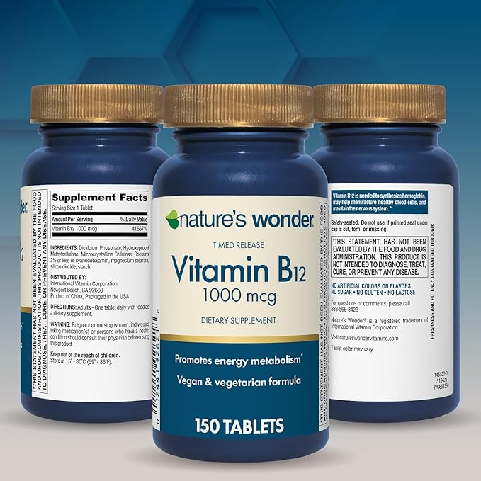 Nature's Wonder Vitamin B12 1000 mcg Timed Release Tablets for Energy Metabolism, Supports Brain Health and Nervous System Health, 150 Day Supply, 150 Tablets