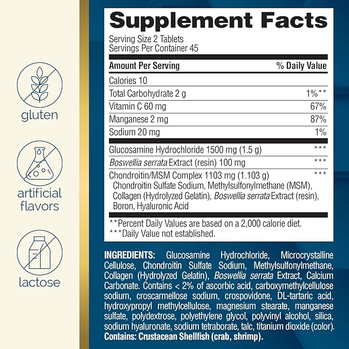 Nature's Wonder Triple Strength Glucosamine Chondroitin with MSM and Hyaluronic Acid and Boswellia for Joint Health, Supports Joint Flexibility and Mobility, 45 Day Supply, 90 Tablets