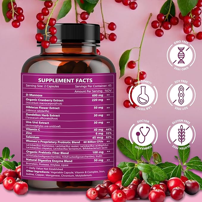 NATURE TARGET Probiotics for Women Urinary Tract Health with D Mannose & Cranberry - 60 Billion CFUs Vaginal Probiotics for Digestive Health, UTI & PH Balance with Prebiotics - 90 Capsules