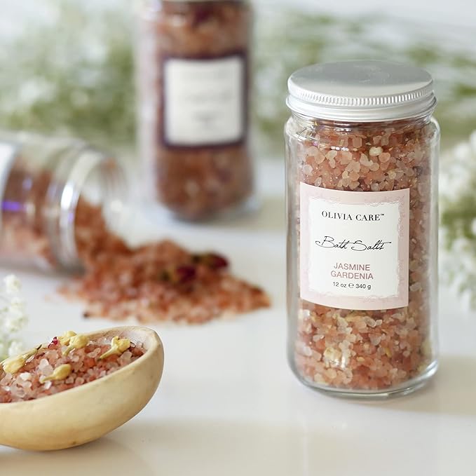 Olivia Care Pink Himalayan Bath Salts Exfoliate, Heal, Rejuvenate, Cleansing & Soothes Skin | Made with Natural Ingredients. Fresh Fragrance - 12 OZ (Jasmine Gardenia, 1 Pack)