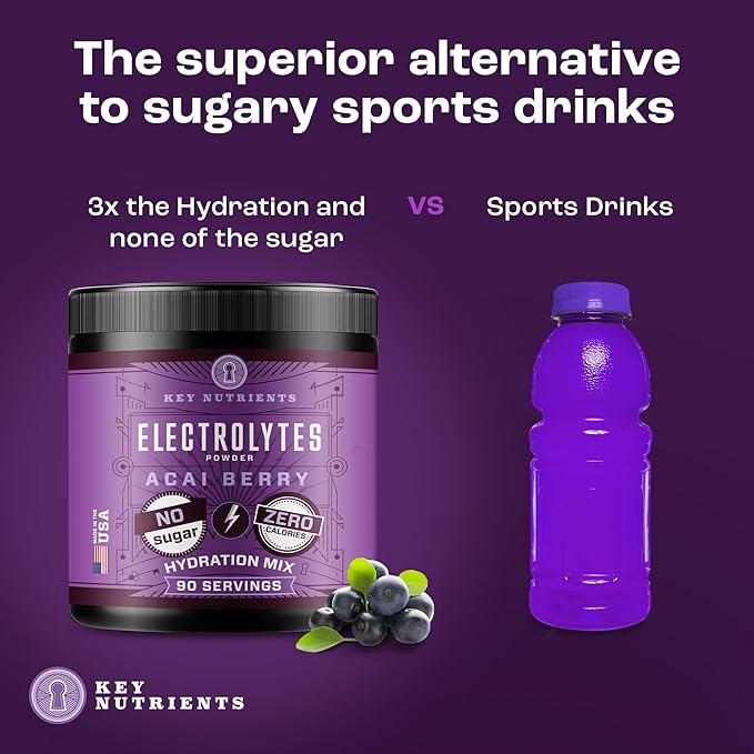 KEY NUTRIENTS Multivitamin Electrolytes Powder No Sugar - Fruity Acai Berry Electrolyte Powder - Endurance & Energy Supplement - Hydration Powder - No Calories - 90 Servings - Made in USA