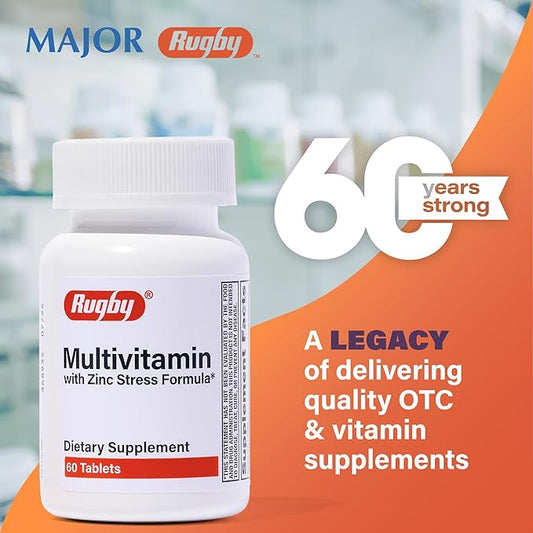 Rugby Multivitamin with Zinc Stress Formula - Dietary Supplement - 60 Tablets (1 Pack)