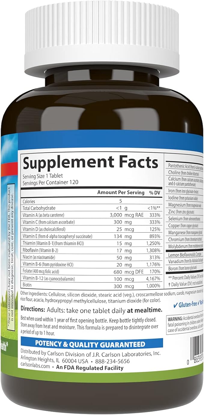 Carlson - Super 1 Daily, Vegetarian Multiple Formula, Multivitamin, Optimal Wellness, 120 Tablets