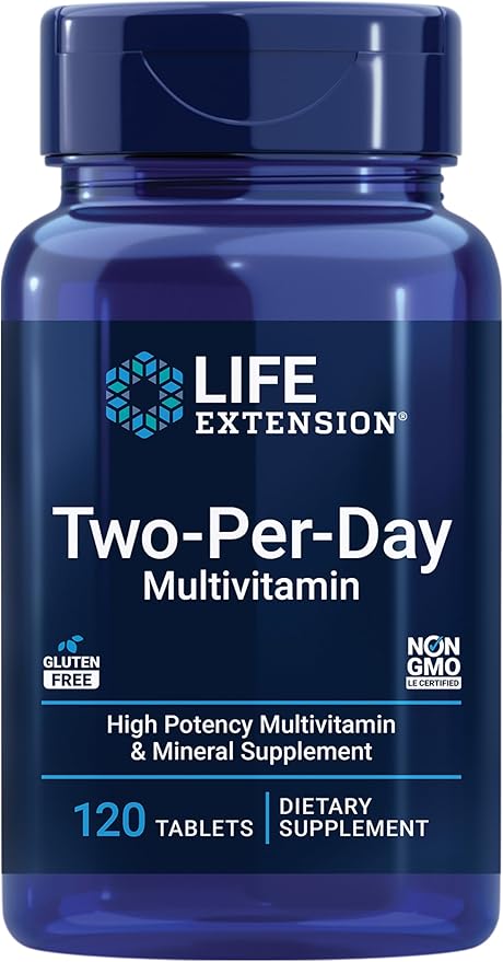 Life Extension Two-Per-Day Multivitamin - Packed with Over 25 Vitamins, Minerals & Extracts -Vitamins B6, C, D - Zinc - Two-Month Supply - Non-GMO, Gluten-Free - 120 Tablets