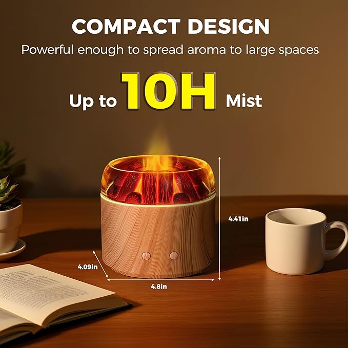 Mini Bonfire Air Diffuser, Ultrasonic Cool Mist Aroma Scent Diffuser for Essential Oils, Fire Mist Humidifier with Warm LED Glow, 2 Brightness, Auto-Off, Night Light for Room Home Office – Light Wood