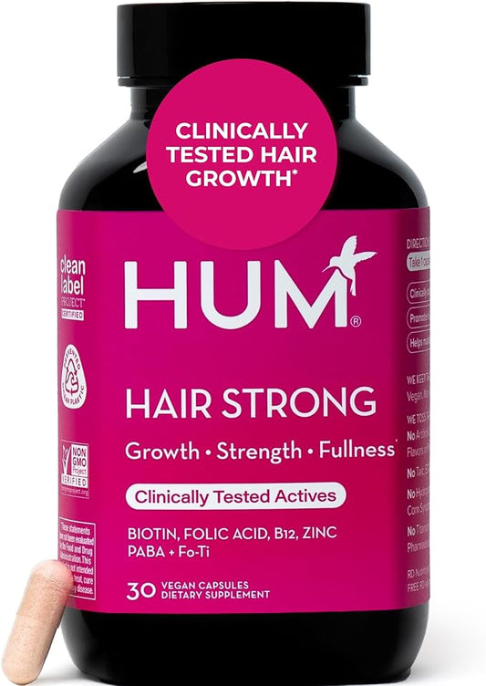 HUM Hair Strong Daily Hair Growth Supplement with Biotin, Zinc, Vitamin B12 to Support Growth, Folic Acid & Vitamin B12 Vitamins for Healthy Hair Support for Women and Men, 180 Vegan Capsules