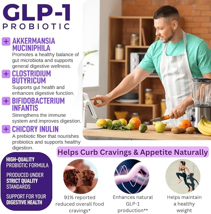 GLP-1 Daily Probiotic - Reduce Hunger & Cravings, Support Fat Loss & Weight Management, Supplement with Akkermansia to Boost GLP1 Production for Men & Women, Vegan & Gluten Free (30 Capsules)