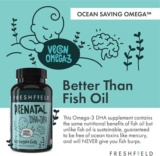 Freshfield Prenatal Vegan Omega 3 DHA: Sustainable, Carrageenan Free, Third Party Tested, Compostable Bottle, Carbon Neutral. Supports Heart, Brain, Joint Health w/DPA