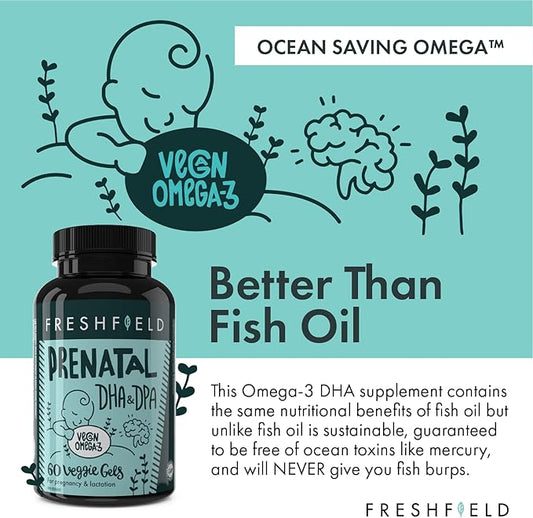 Freshfield Prenatal Vegan Omega 3 DHA: Sustainable, Carrageenan Free, Third Party Tested, Compostable Bottle, Carbon Neutral. Supports Heart, Brain, Joint Health w/DPA
