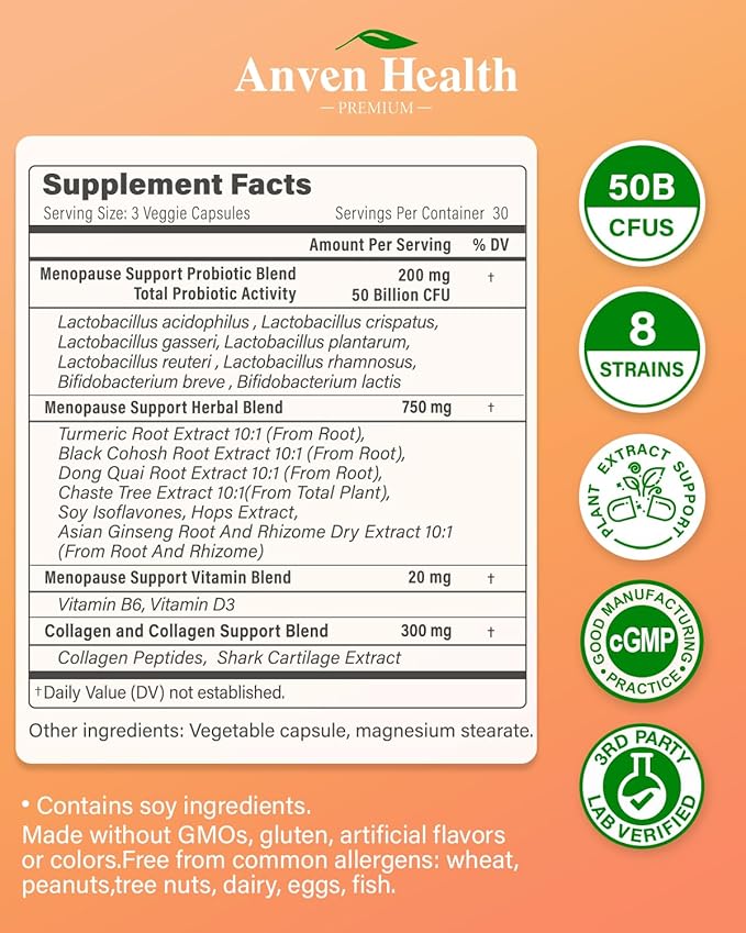 Menopause Supplements for Women,Vitamin D3 & B6, Menopause Probiotics Relief,Supports Hot Flashes, Night Sweats, Bloating & Gut Health with Herbs, Collagen Peptides | 90 Veggie Caps
