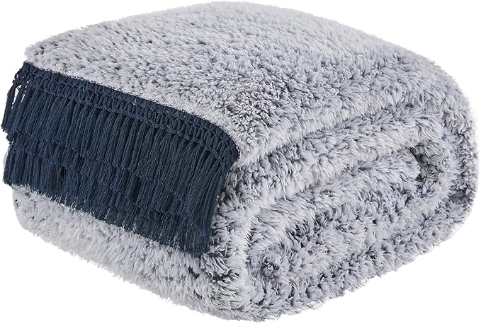 EMME Fuzzy Blanket Soft Fleece Throw Blankets for Women, Fluffy Sherpa Throws(Tassel Navy,60"x80")