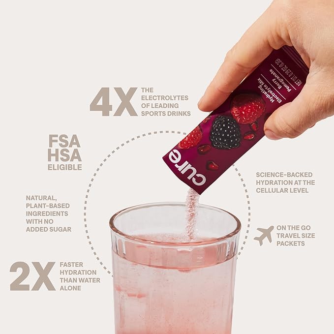 Cure Hydration | Plant-Based Electrolyte Drink Mix | No Added Sugar | FSA-HSA | Dehydration Relief Powder Made with Coconut Water | Non-GMO | Vegan | 28 Servings Jar - Berry Pomegranate