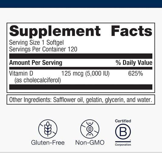 Metagenics Vitamin D3 5000 - for Immune Support, Bone Health & Heart Health* - High Potency Vitamin D - Non-GMO - Gluten-Free - 120 Softgels