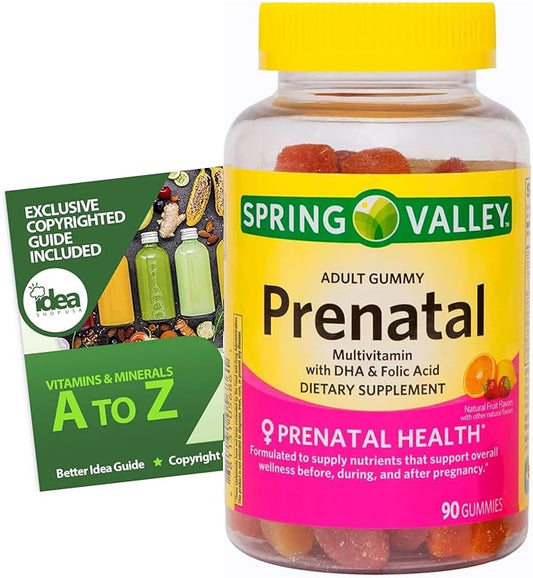 Prenatal Multivitamin Gummies with DHA & Folic Acid – 90 Count, Natural Fruit Flavor, Gluten-Free, Pregnancy Support – Bundle with Vitamins & Minerals - A to Z - Better Idea Guide