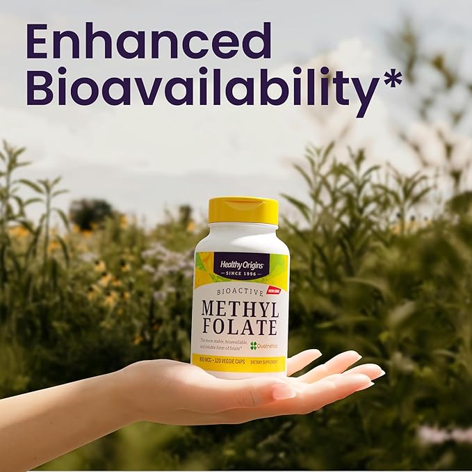 Healthy Origins Methyl Folate 800 mcg (Quatrefolic, Non-GMO, Bioavailable Folate, Gluten Free, Neurotransmitter Support), 120 Veggie Caps