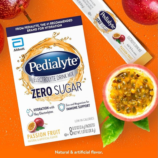 Pedialyte Electrolyte Drink Mix With Zero Sugar | Hydration With Key Electrolytes | Great Hydration Low in Calories | Passion Fruit, 8 Powder Packets