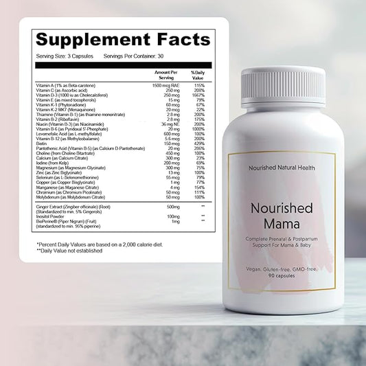 Nourished Mama Prenatal Multi Vitamin - Vegan Multivitamin for Preconception, Pregnancy, Postpartum and Breastfeeding Support - Iron-Free with Methylated Folate & High Dose Choline - 90 Capsules
