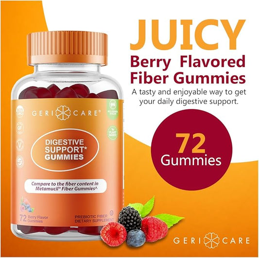 GeriCare Prebiotic Digestive Support Gummies – Berry Flavor, 72 Count, Plant-Based Fiber for Gut Health & Regularity, Non-GMO, Gluten-Free, Vegan, Fiber Supplement to Supports Regular Digestion