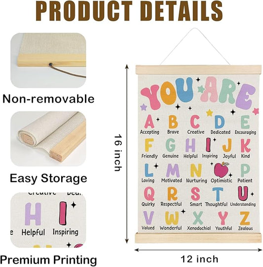 Nrleey inspirational Alphabet Wall Decor - ABC Educational Wall Art With Wooden Poster Hanger, Alphabet Wall Art Decor for Classroom Nursery Kids Room Playroom, 12x16 Inch