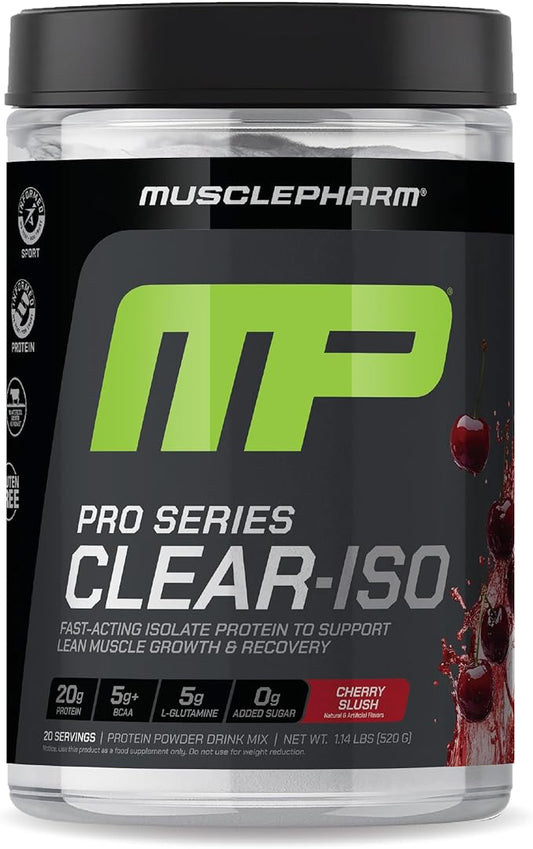MusclePharm Pro Series Clear-ISO, Clear Protein Powder, 20g Fast-Acting Whey Isolate per Serving Plus BCAAs & L Glutamine | Pro-Grade Muscle Recovery & Growth | Cherry Slush, 1.14 lb, 20 Servings