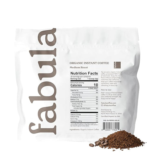 Fabula Organic Instant Coffee, Low Acid, Mold Free - Medium Roast, 90g, Convenient & Delicious