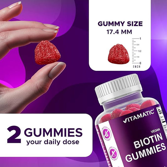 Vitamatic Biotin Gummies 10,000 mcg for Stronger Hair, Skin & Nails - 60 Vegan Gummies - Also Called Vitamin B7 (2 Bottles)