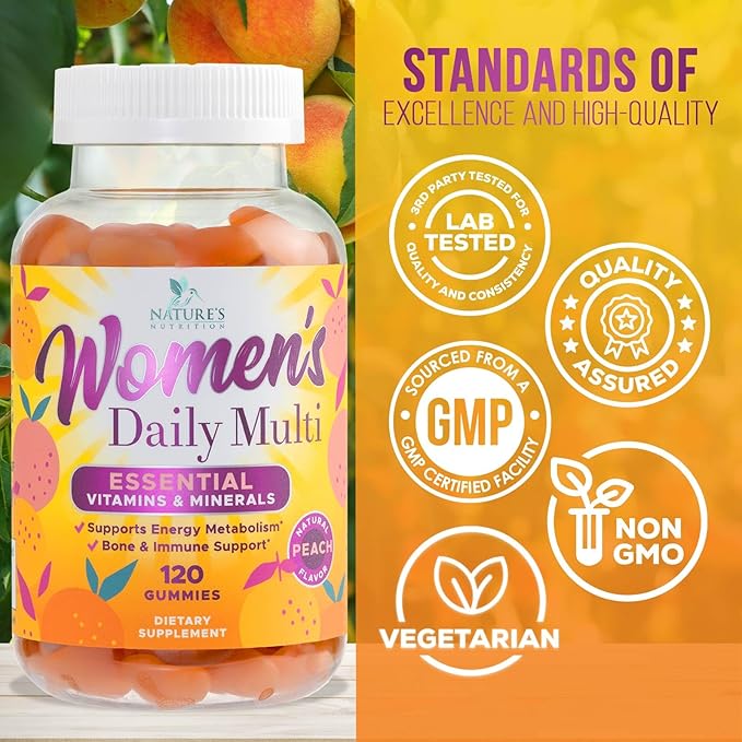 Womens Complete Daily Multivitamin Gummies with Vitamin A, C, D, E, B6, B-12, Biotin & Calcium, Immune Health Support, Womens Multivitamin Gummy, Peach Flavored Daily Vitamins for Women - 120 Gummies