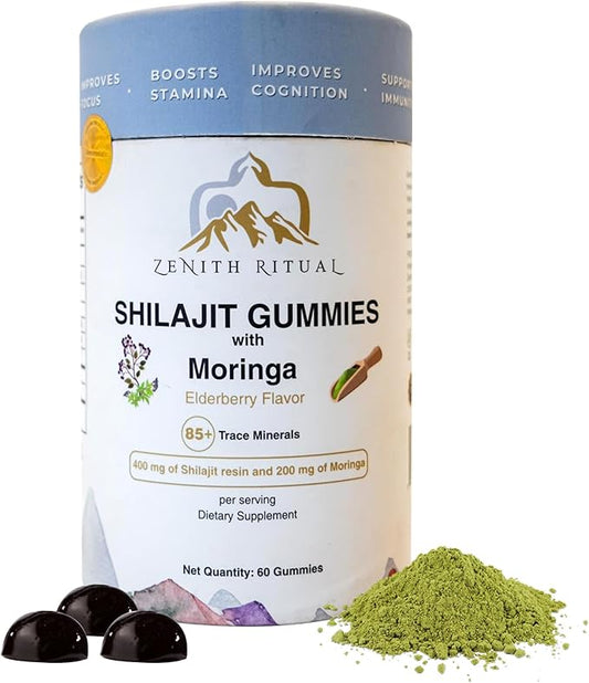 Pure Himalayan Shilajit and Moringa Gummies – Boost Energy, Focus & Vitality – 75% Fulvic Acid – 100% Vegan, Gluten-Free, No Added Sugar – 60 Gummies