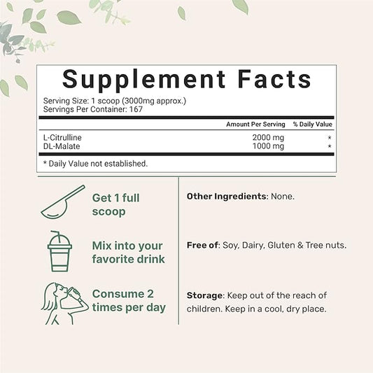 Pure L Citrulline Malate 2:1 Powder, 500 Grams, Filler Free, Vegan Citrulline Supplement and Citrulline Nitrate, Supports Muscle Performance, Endurance and Strength, Unflavored, Dissolve Easily