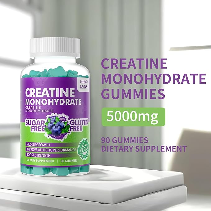 novomins Creatine Monohydrate Gummies for Men & Women, Chewables Creatine Monohydrate for Muscle Strength, Muscle Builder, Energy Boost, Pre-Workout Supplement(180 Count)-Blueberry Flavor. 2 Pack