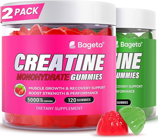 Creatine Monohydrate Gummies 5g for Men Women,Sugar Free Chewables Creatine Pre-Workout for Muscle Strength, Strawberry and Green Flavor, 120 Count