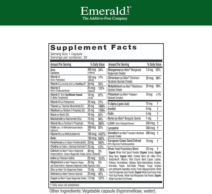 EMERALD LABS Men's 1 Daily Multi - Additive-Free Men's Multivitamin - Includes Lycopene, Zinc, Vitamin D3, & More - Supports Bones, Prostate & Vision* - 30 Vegetable Capsules