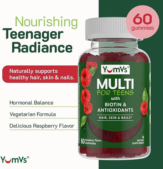 YumVs Teen Multivitamin Gummies with Biotin and Antioxidants - Raspberry Flavor - Hair Skin Nails Support - Kosher Teenager Vitamins for Boys and Girls 12-17 - Teen Gummy Multi Vitamin (60 Count)