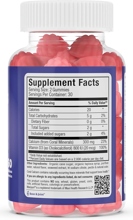 Calcium + D3 Gummy – Chewable Supplement for Bone Support – Kosher Gummies for Women, Men & Kids – Coral Source with Vitamin D – Kids Calcium & Immune Support – Citrate-Free – 60 Count