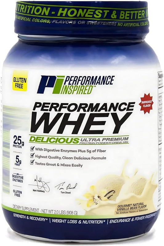 PERFORMANCE INSPIRED Nutrition WHEY Protein Powder – All Natural – 25G Protein – BCAAs – Digestive Enzymes – Fiber Packed – Natural Vanilla – 2lb