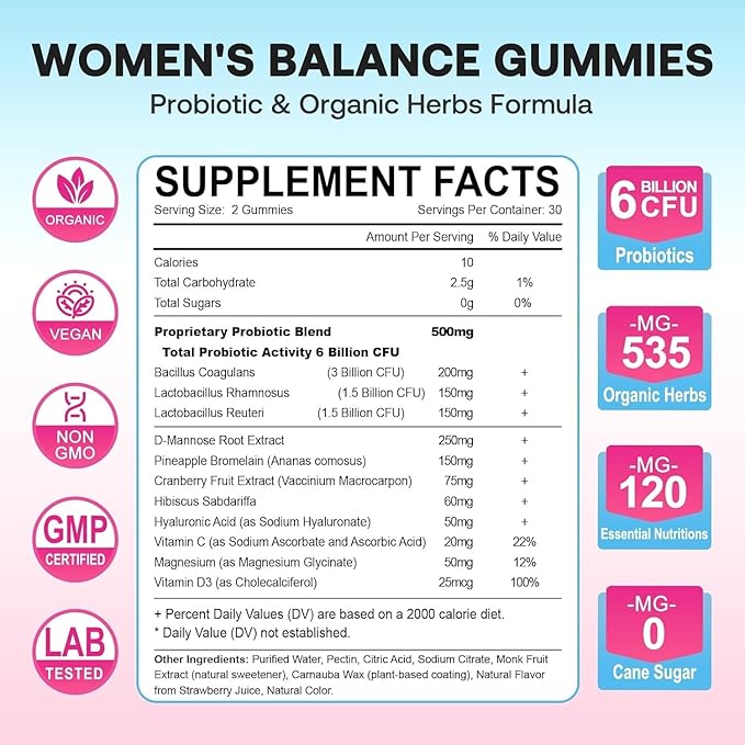 Feminine Balance Gummies for Women, Premium Ph Balance Gummies with Probiotic for Vaginal Flora Balance, Immune Support Supplement, Gluten-Free, Strawberry Flavor with Liquid Filled, 120 Count