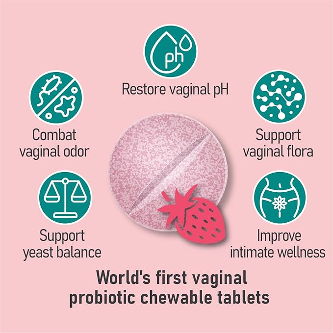 Chewable Vaginal Probiotics for Women 10 Billion CFU + Organic Prebiotics — Supports Vaginal Health, Maintains Vaginal pH Balance & Promotes Feminine Freshness, Strawberry-Flavored Tablets