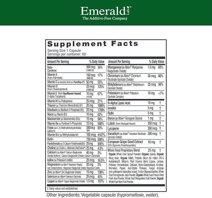 EMERALD LABS Men's 1 Daily Multi - Additive-Free Men's Multivitamin - Includes Lycopene, Zinc, Vitamin D3, & More - Supports Bones, Prostate & Vision* - 60 Vegetable Capsules