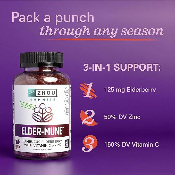 ZHOU Elder-Mune Elderberry Gummies - Black Elderberry, Vitamin C, & Zinc, Daily Immune Support Supplement for Women & Men, Natural Chews for Adults & Children 4 & Up - 60 Gummies (2 Pack)