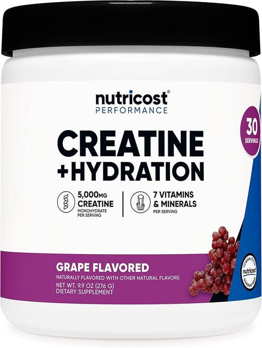 Nutricost Creatine Monohydrate + Hydration Grape Flavored (30 Servings) - 7 Vitamins & Minerals, 5000mg of Creatine Per Serving